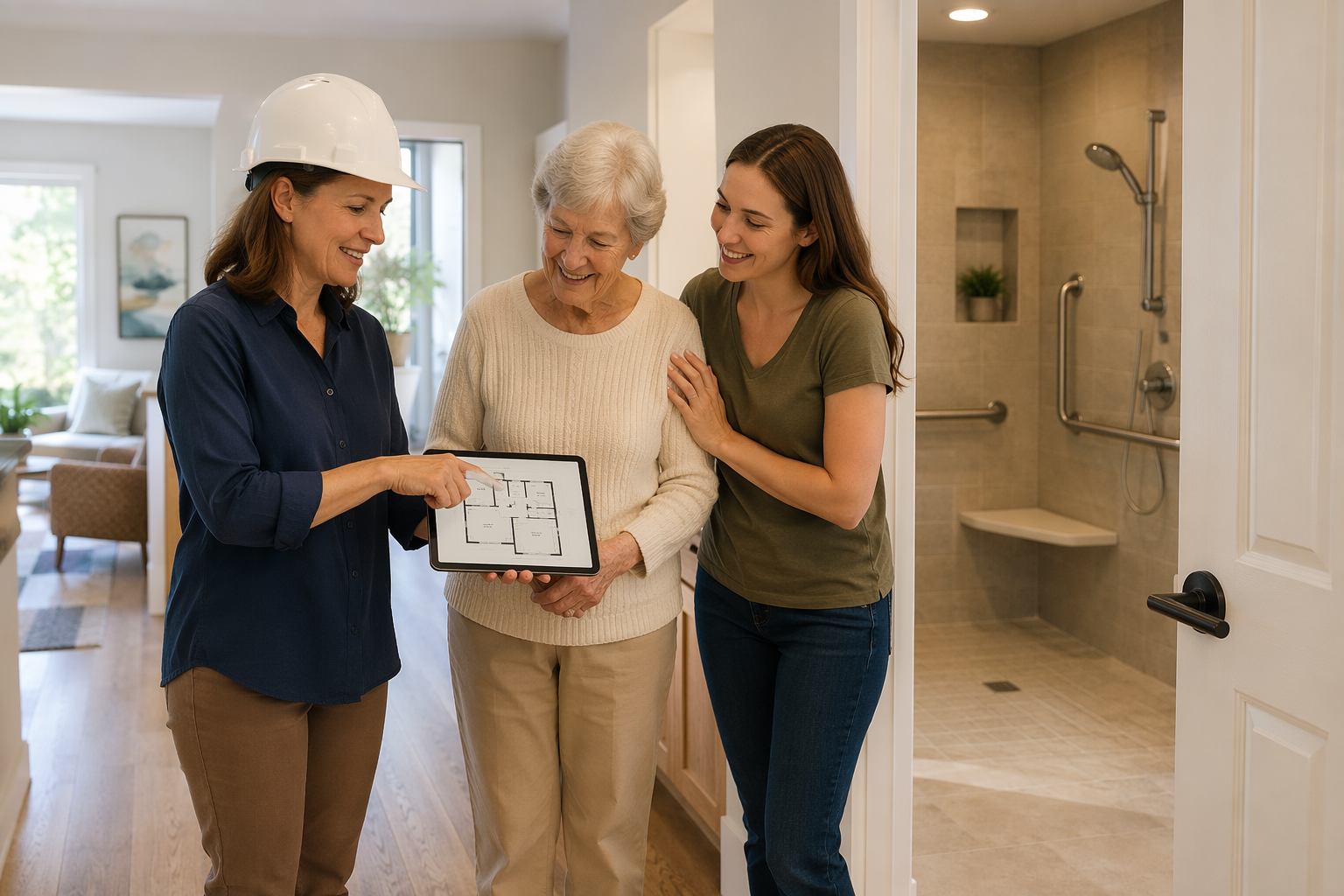 A CAPS-certified professional in a hard hat points at a tablet showing floor plans while an older adult nods approvingly and a younger family caregiver stands nearby looking relieved, set in a bright modern home with a curbless shower, grab bars, widened doorway, and lever-style handles visible in the background