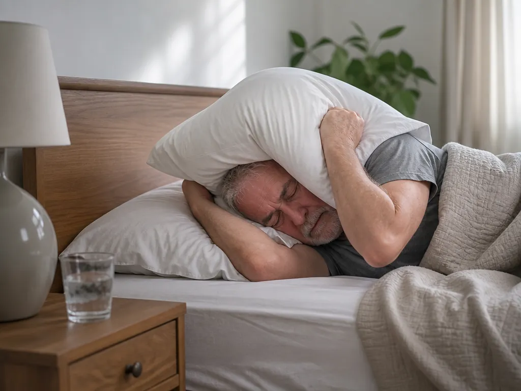 Older man lying in bed and holding a pillow over his head and neck during shaking