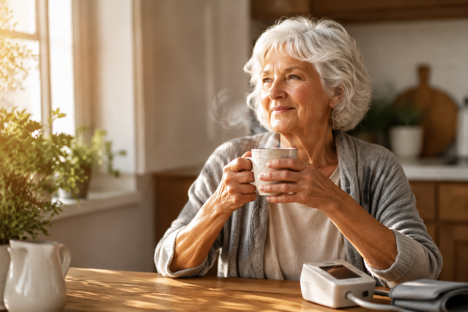 Senior woman holding a coffee mug at a kitchen table with a blood pressure monitor nearby