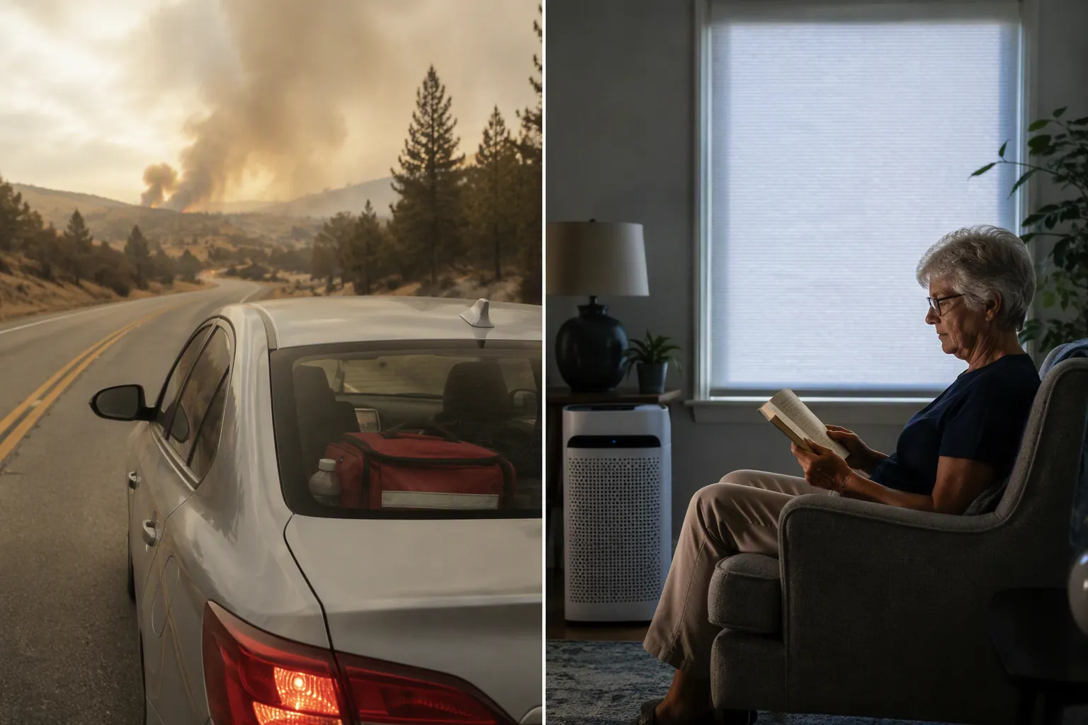A decision fork showing evacuation by car on one side and sheltering in a closed room with an air cleaner on the other