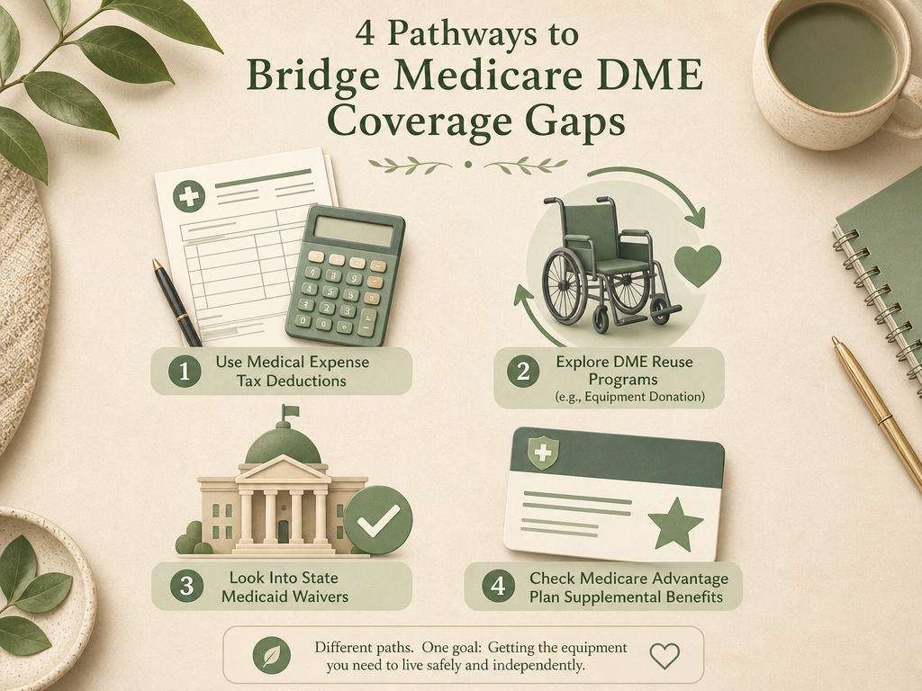 A flat-lay editorial illustration on a warm beige surface showing four strategy icons: a tax form with calculator for medical expense deductions, a recycled mobility device icon for DME reuse programs, a state building with checkmark for Medicaid waivers, and a Medicare Advantage card with star for supplemental benefits, in soft sage green and earth tones.