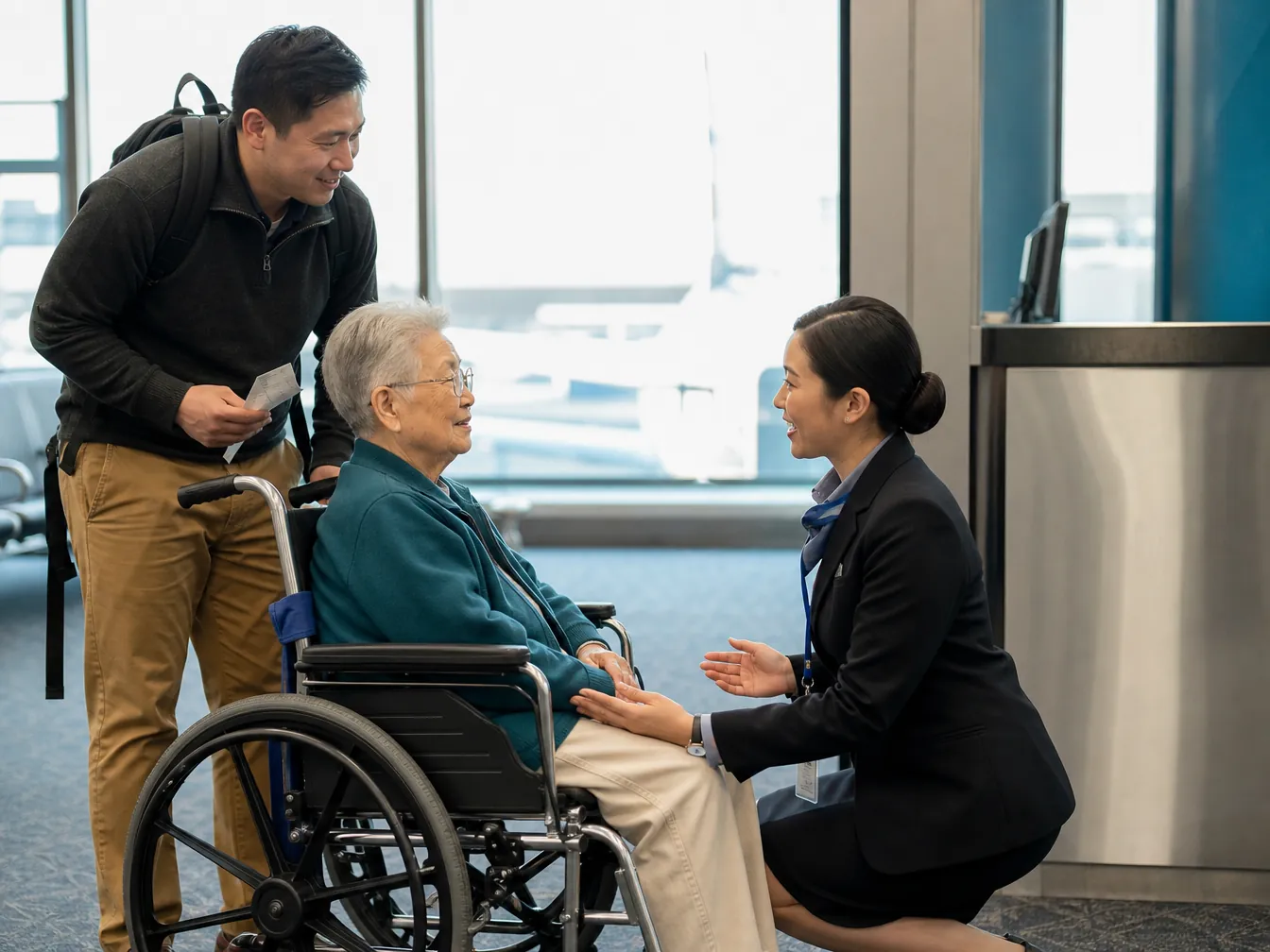 Gate agent speaking at eye level with an elderly woman in a wheelchair while her adult son holds a boarding pass