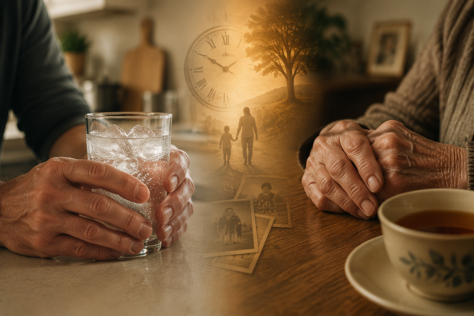 Middle-aged adult hands holding a cold drink contrasted with older adult hands beside a tea cup