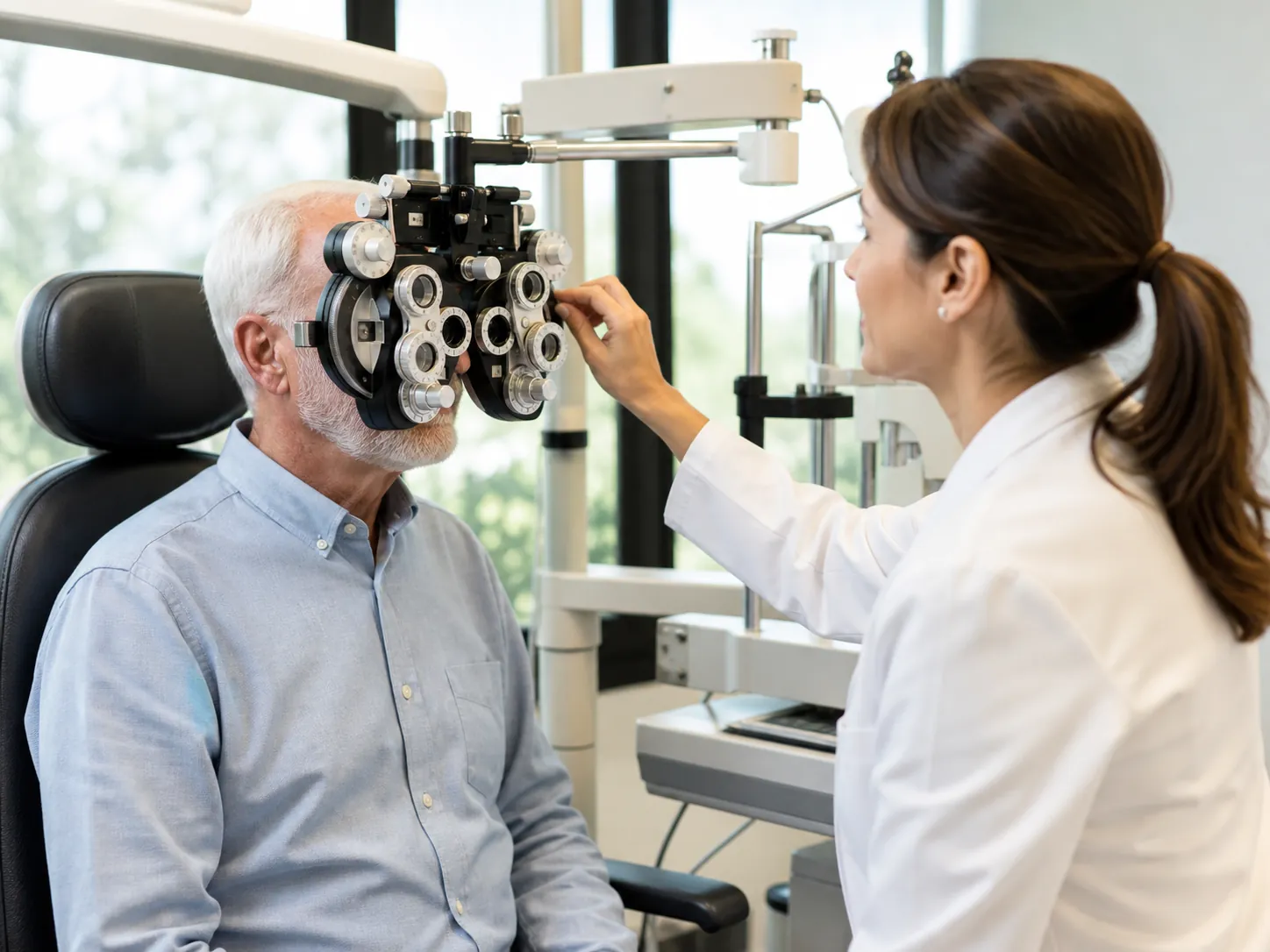 Older adult receiving an eye exam in an optometry clinic