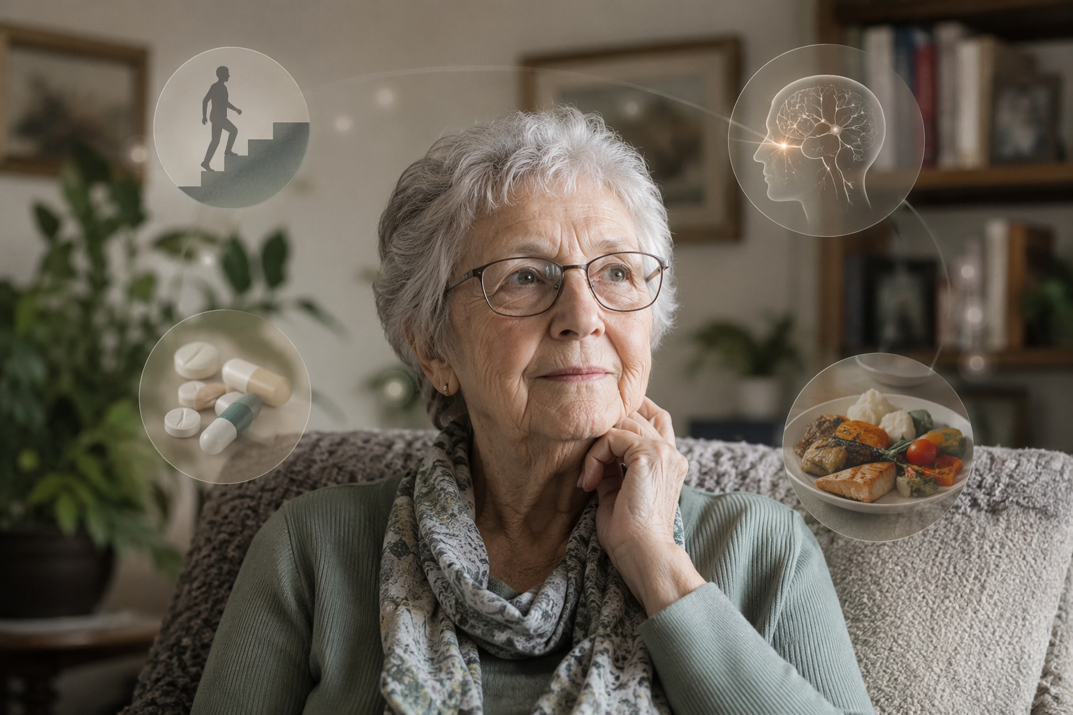 Older adult at home with visual symbols for function, chronic conditions, cognition, and nutrition