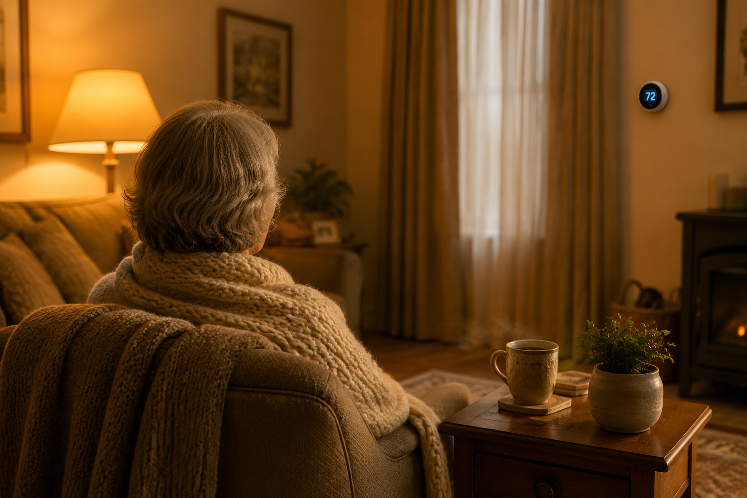 Warm cozy living room with an older adult in an armchair wrapped in a blanket, soft lamplight, curtains drawn, a visible thermostat on the wall, and a mug of tea on a side table.