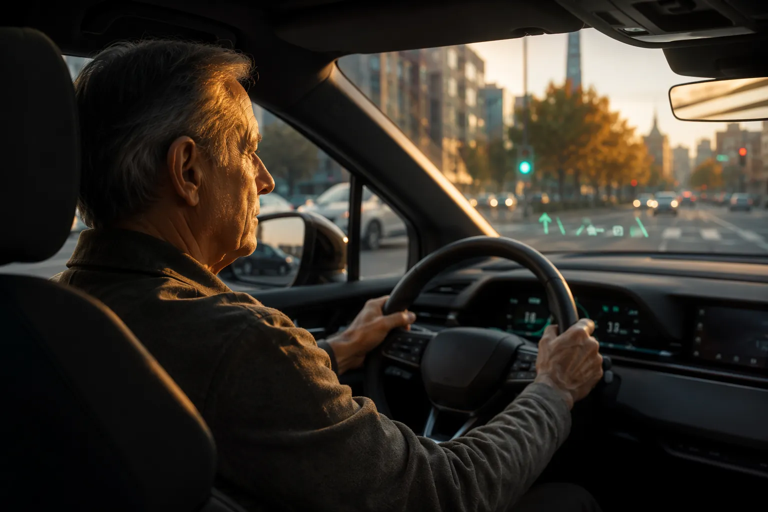 Older man driving a modern car through a city intersection with safety indicators on the windshield