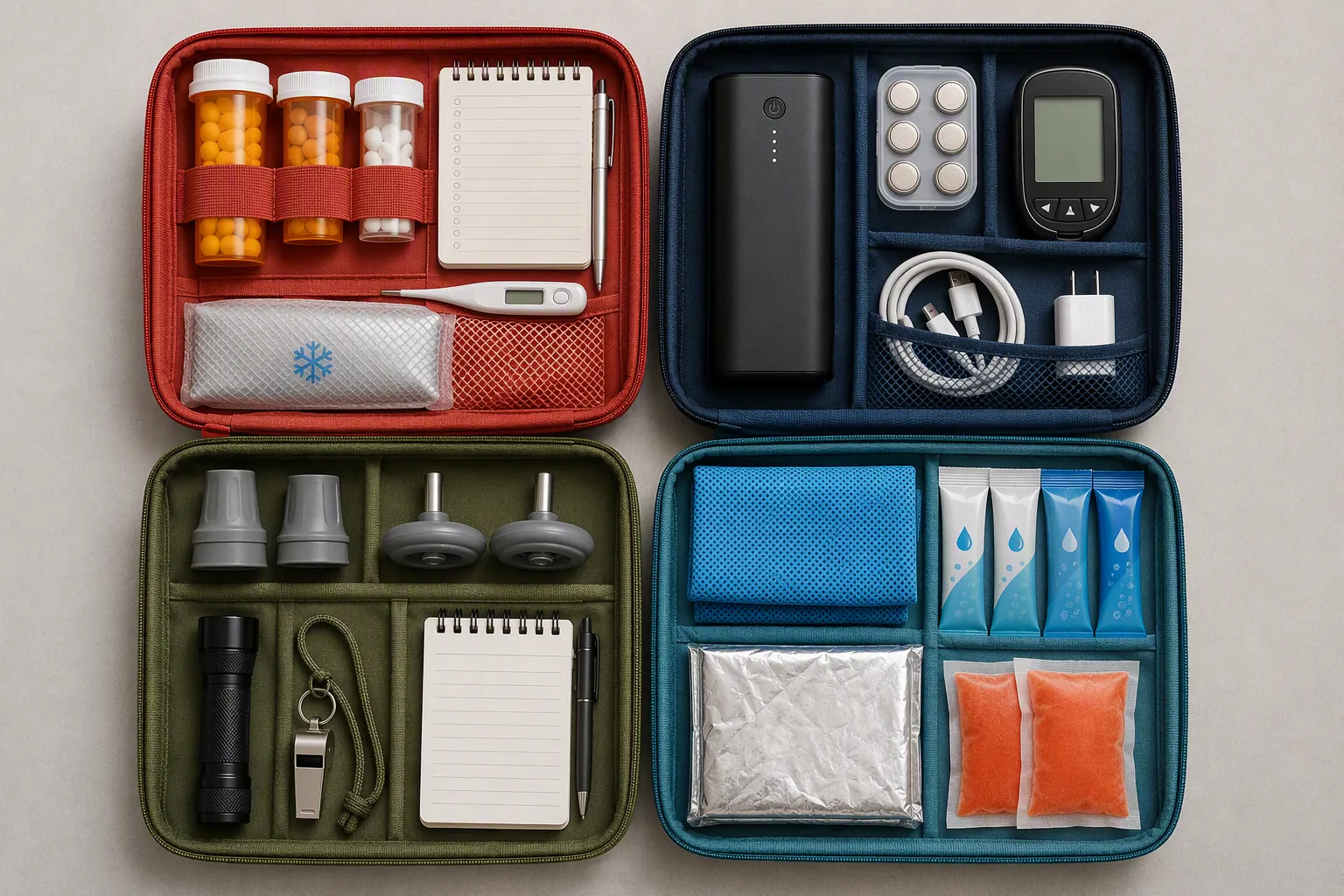 Emergency kit divided into labeled modular compartments for medical continuity, powered devices, mobility and communication, and weather adaptations