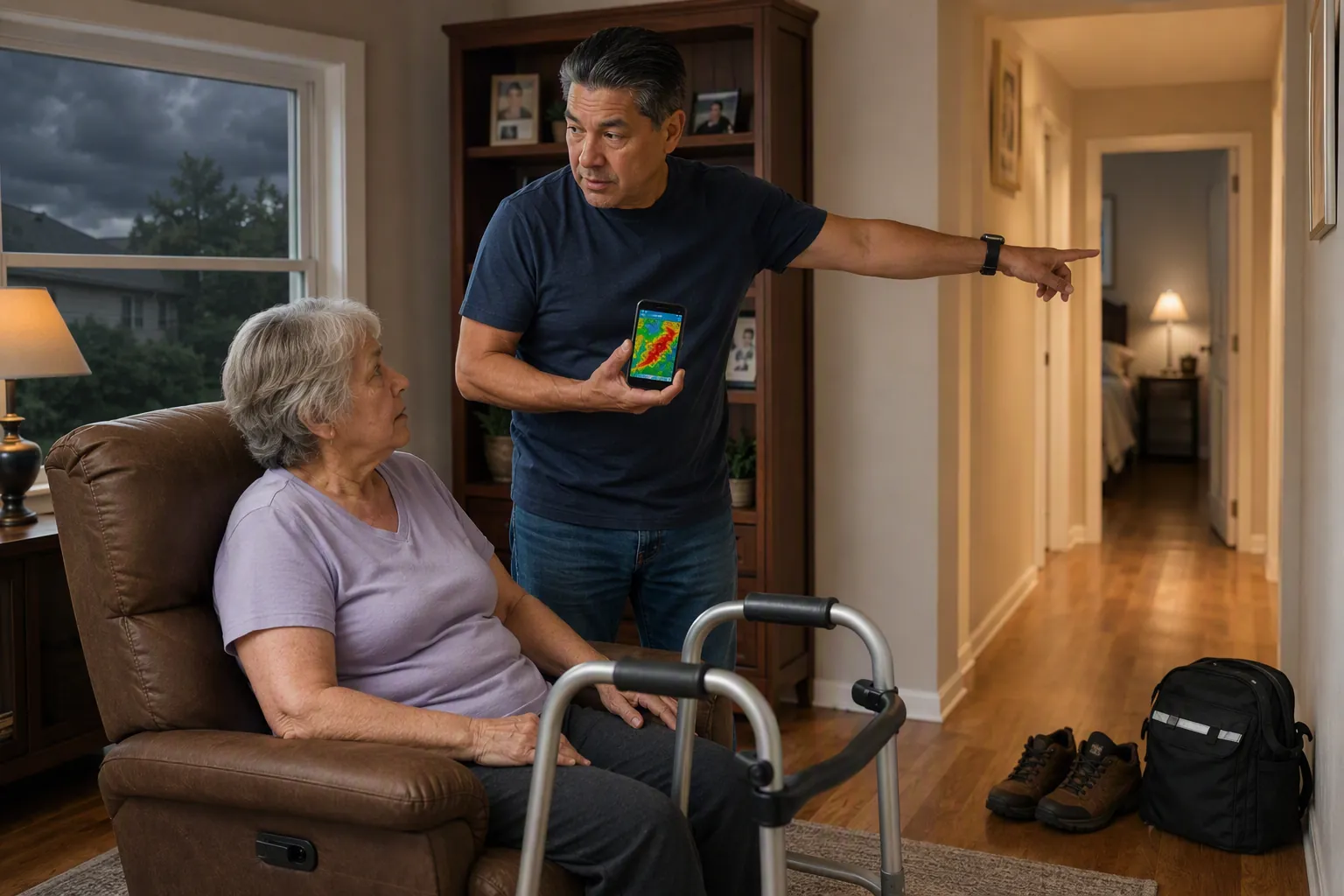Caregiver checking a weather alert while an older adult sits near staged shoes and a walker