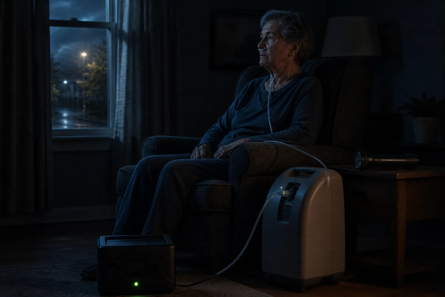 Older adult using oxygen during a nighttime power outage with a portable battery power station nearby