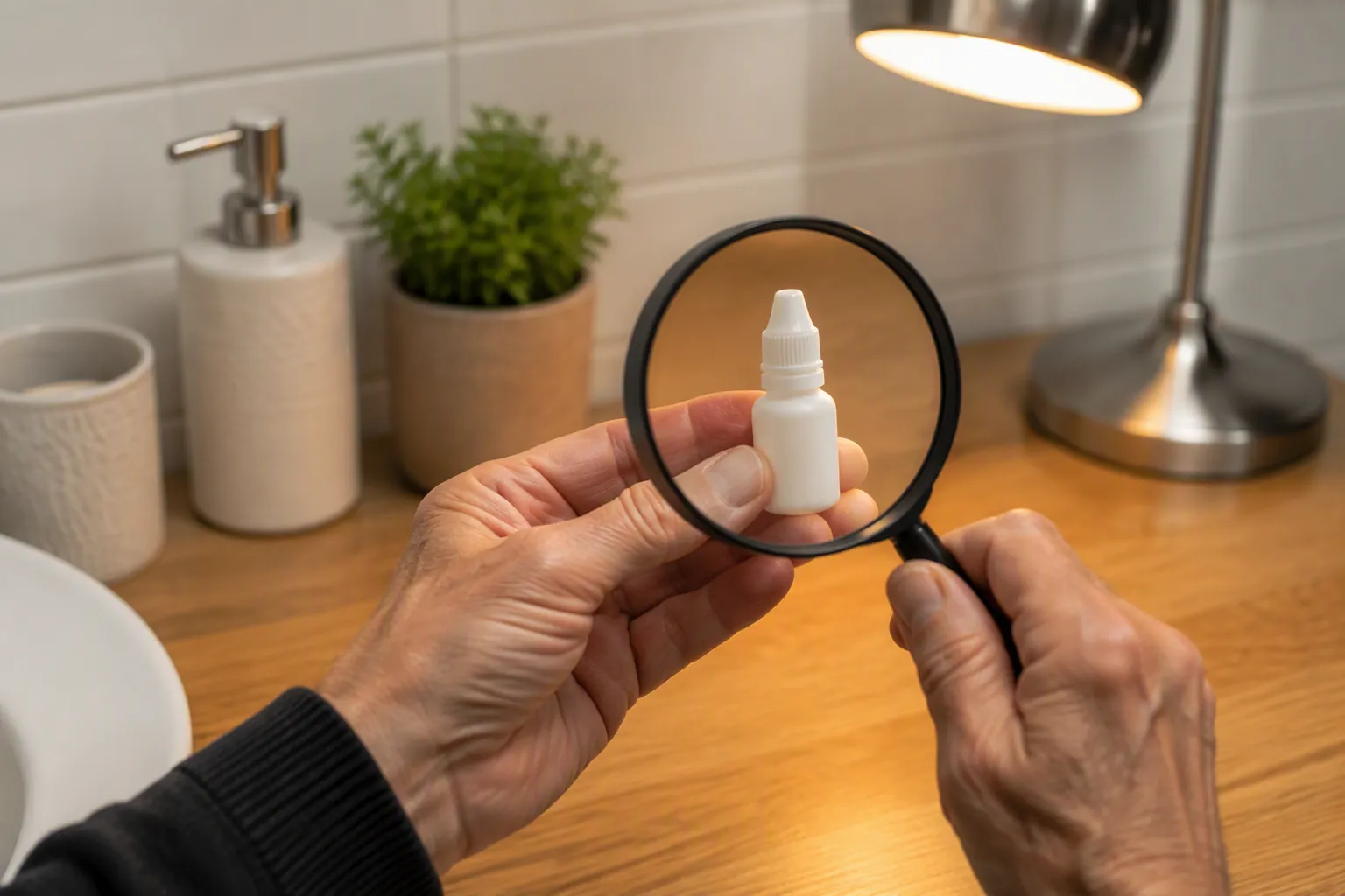Older hands using a magnifying glass to inspect the tiny label on an eye drop bottle at a bathroom counter