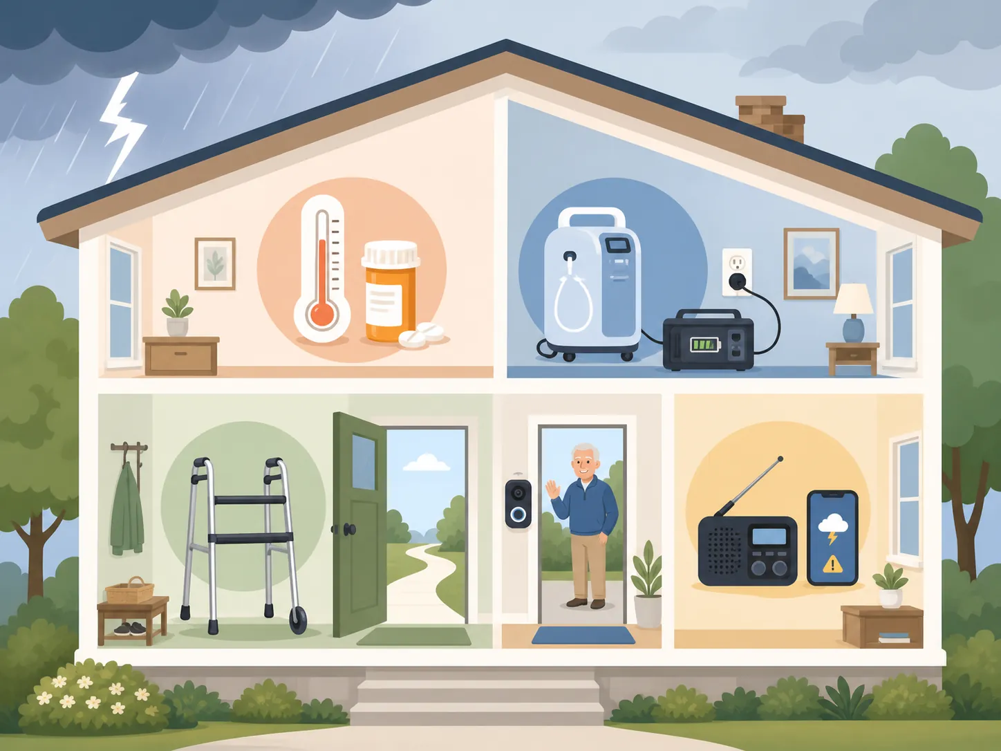 Illustrated home checklist showing heat and medication, backup power, mobility, support network, and redundant alerts