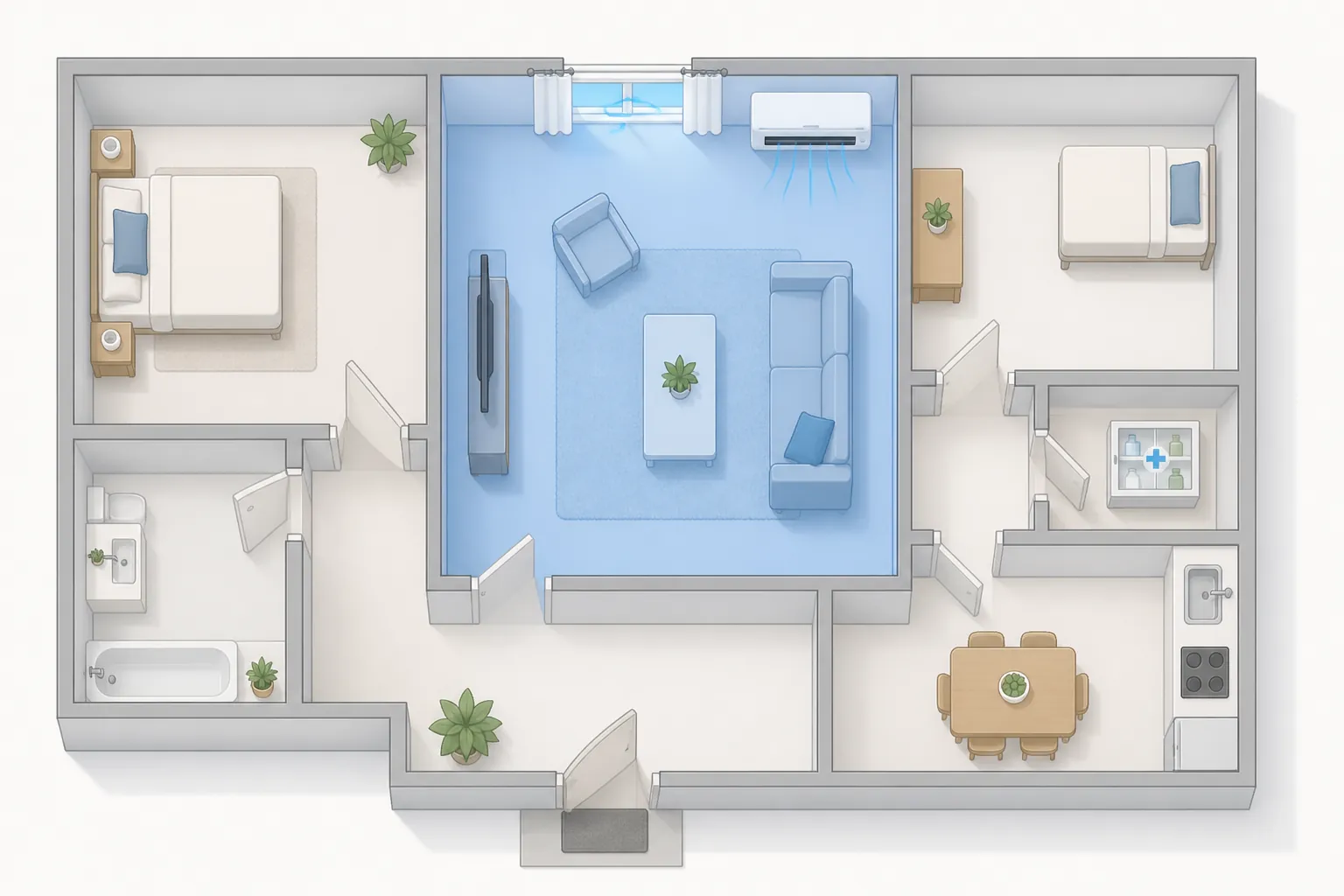Home floor plan with one central room marked as the cool zone and icons for a window, air conditioner, bed, and medicine cabinet