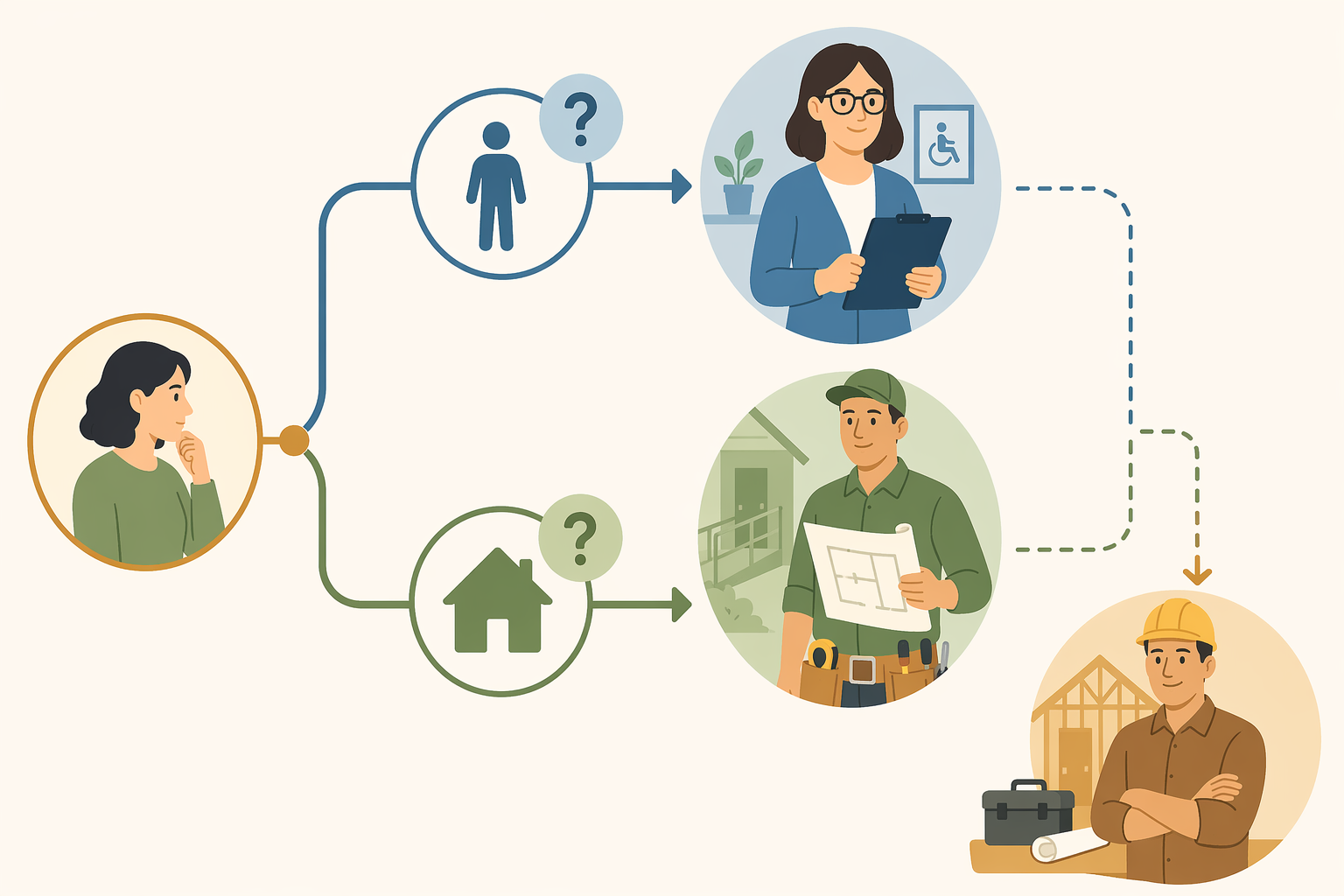 A decision framework illustration showing two branching paths: a person icon pointing to an occupational therapist for mobility and function questions, and a house icon pointing to a CAPS specialist for home structure questions. A general contractor icon is positioned below both paths.
