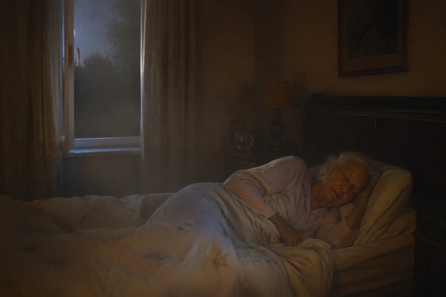 Older adult sleeping in a closed bedroom at night with dim lighting and a slightly open window