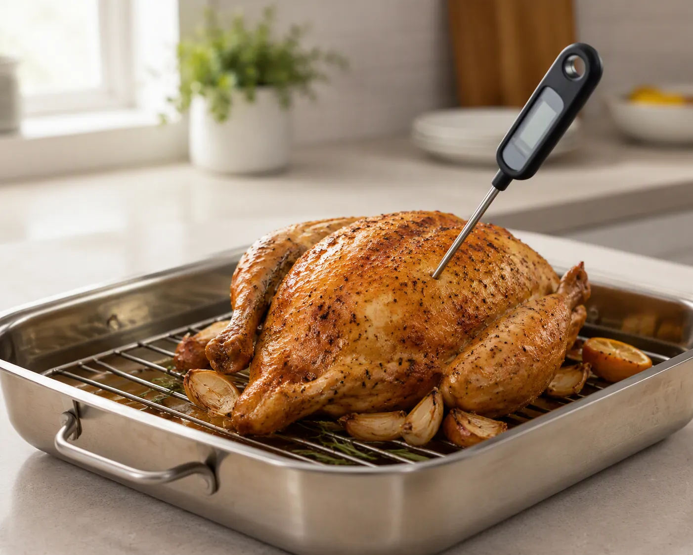 Whole chicken in a roasting pan with a digital food thermometer inserted into the thickest part of the breast
