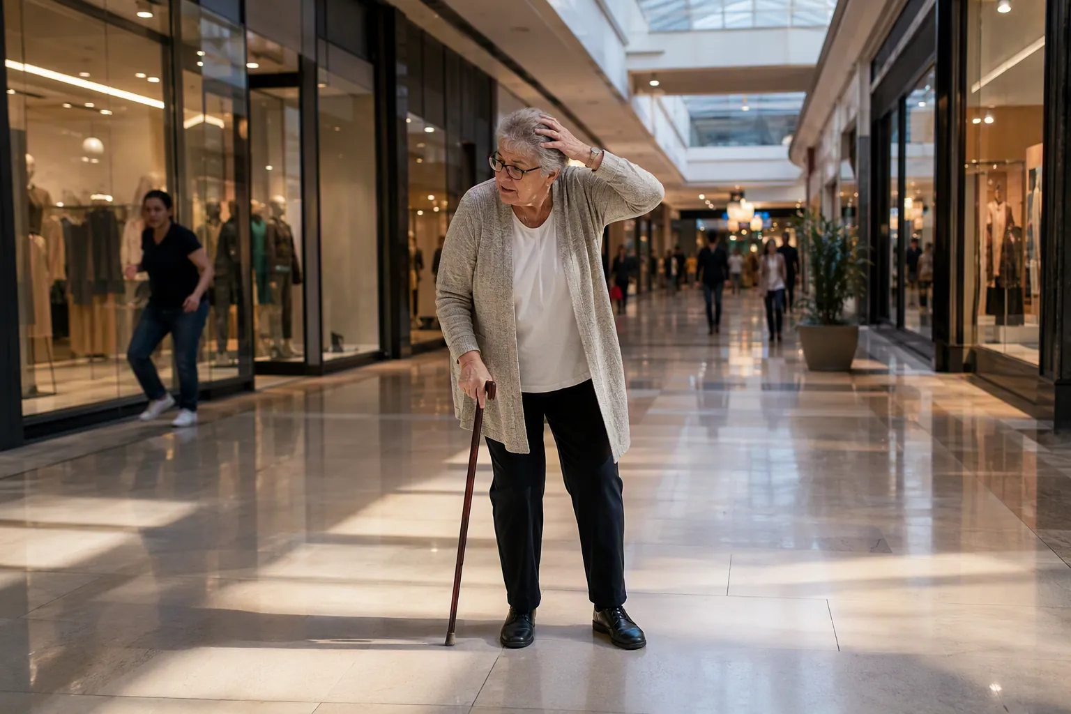 Older adult in a mall corridor grips a walking cane near glass storefronts and tall displays while protecting the head during earthquake shaking