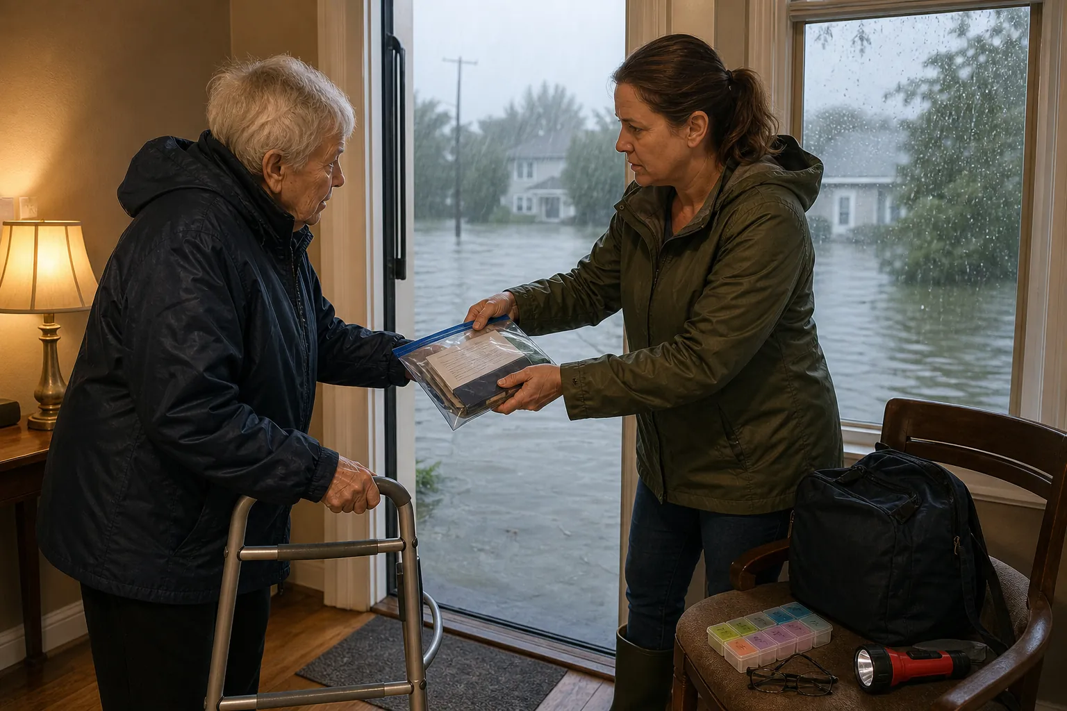 Older adult with walker at the front door receiving a waterproof document pouch while medications, glasses, flashlight, and a go-bag are staged nearby