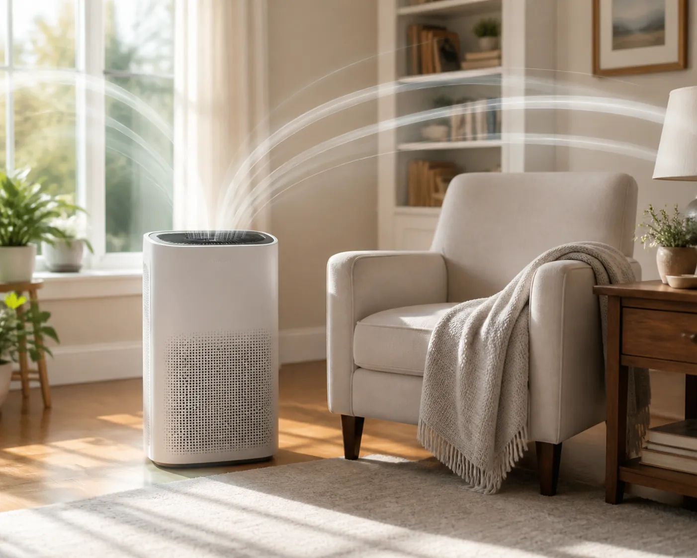 A portable HEPA air cleaner beside an armchair in a bright living room