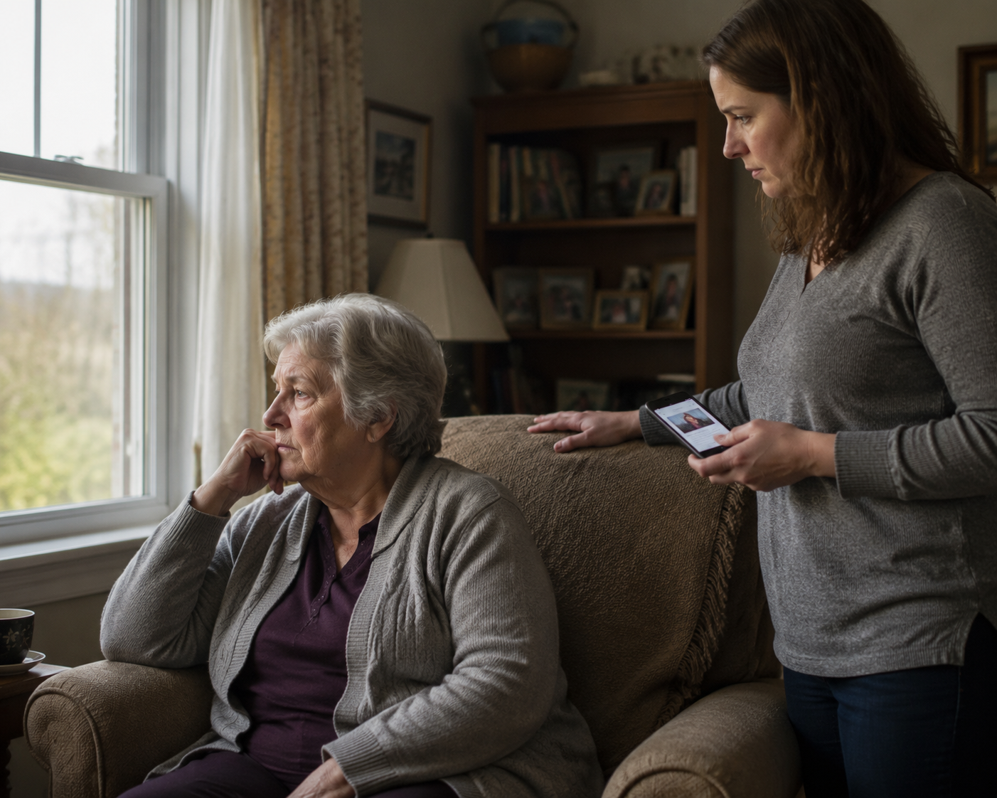 An older woman and a younger family member looking at a news article on a smartphone in a quiet living room.