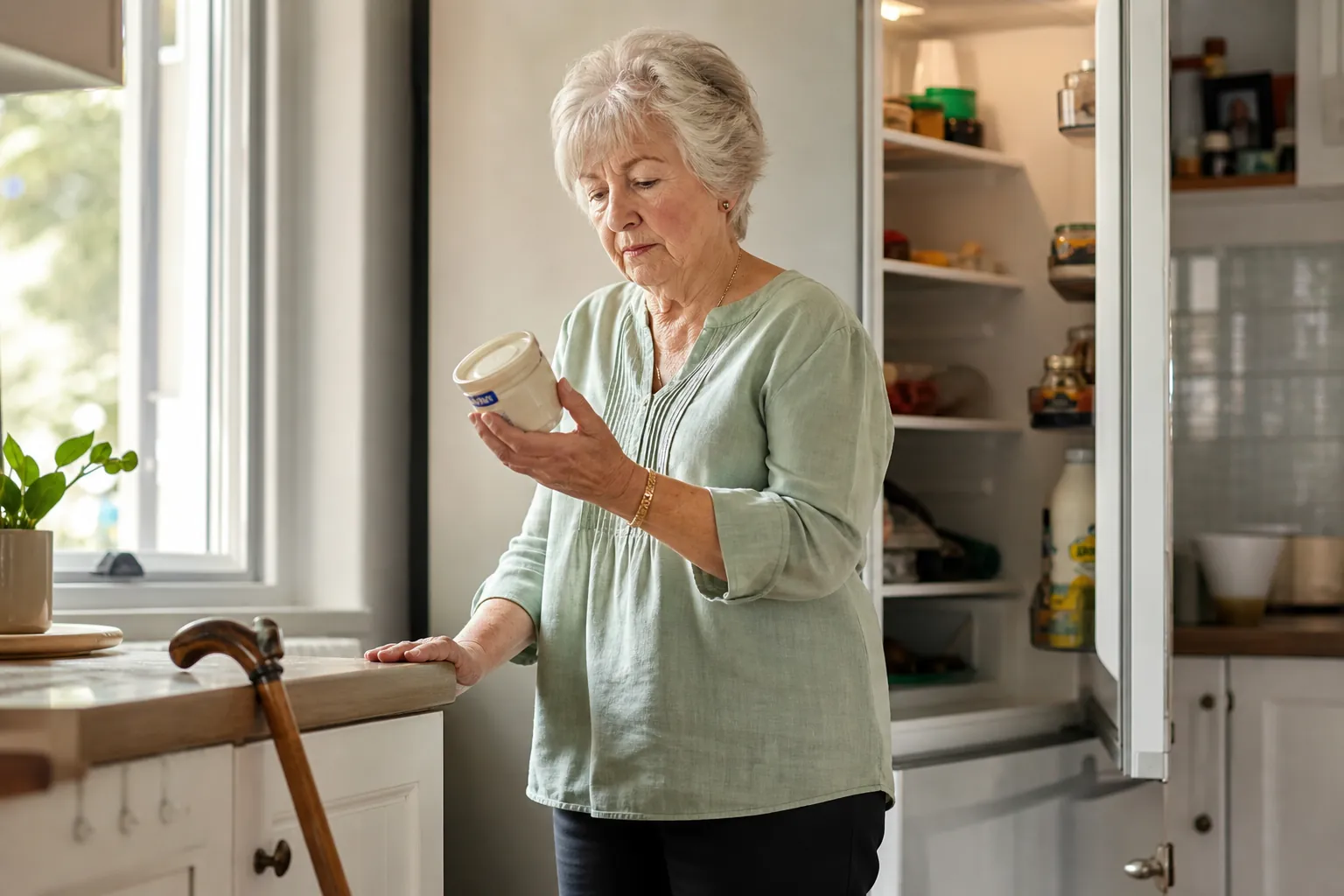 Senior woman checking a soft-cheese container at an open refrigerator with a cane nearby