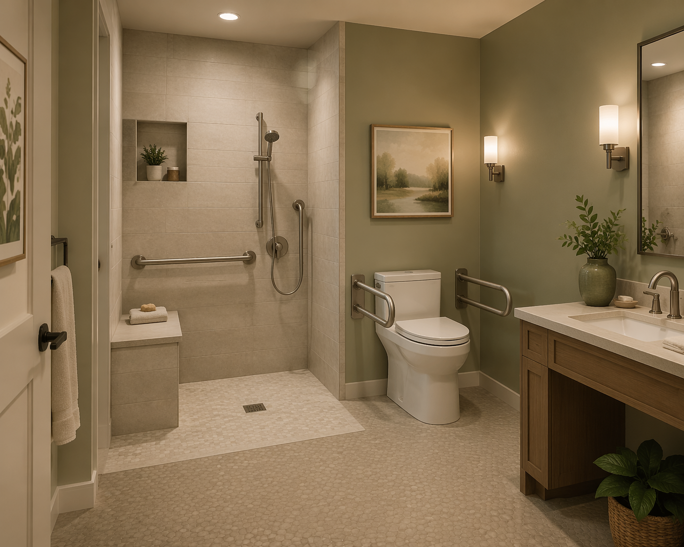 An accessible bathroom with a walk-in shower, built-in tiled bench, grab bars, handheld shower head, raised toilet with grab bars, wide doorway, and non-slip flooring in warm neutral tones.
