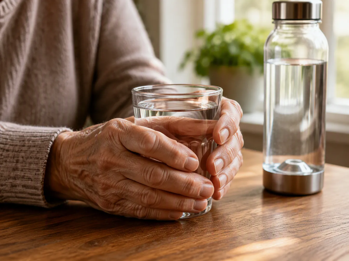 Older person's hands holding a glass of water with a filled reusable bottle nearby