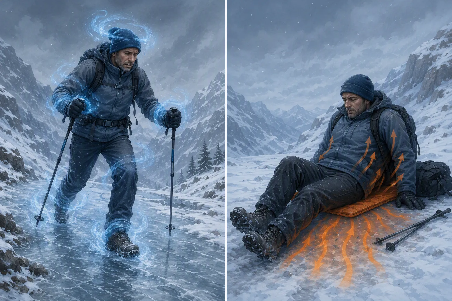 Illustration showing a cold hiker before and after a fall on snowy ground with body heat escaping