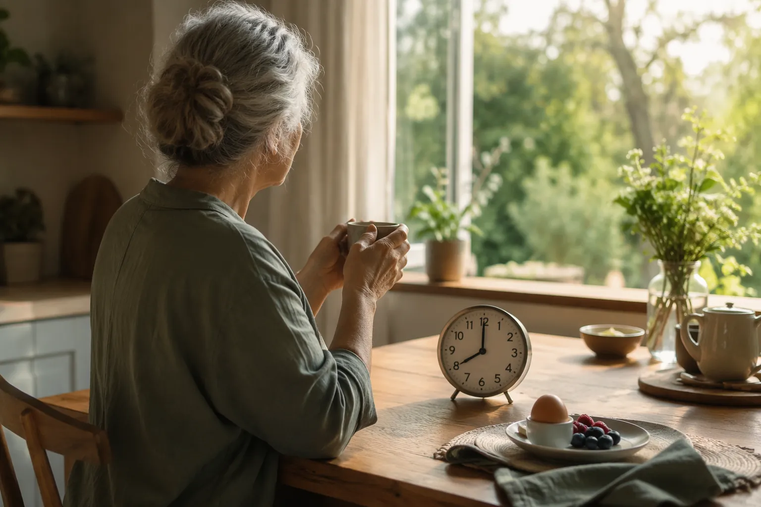 Older adult at a kitchen table in morning light with tea, food, and an analog clock near 8 a.m.