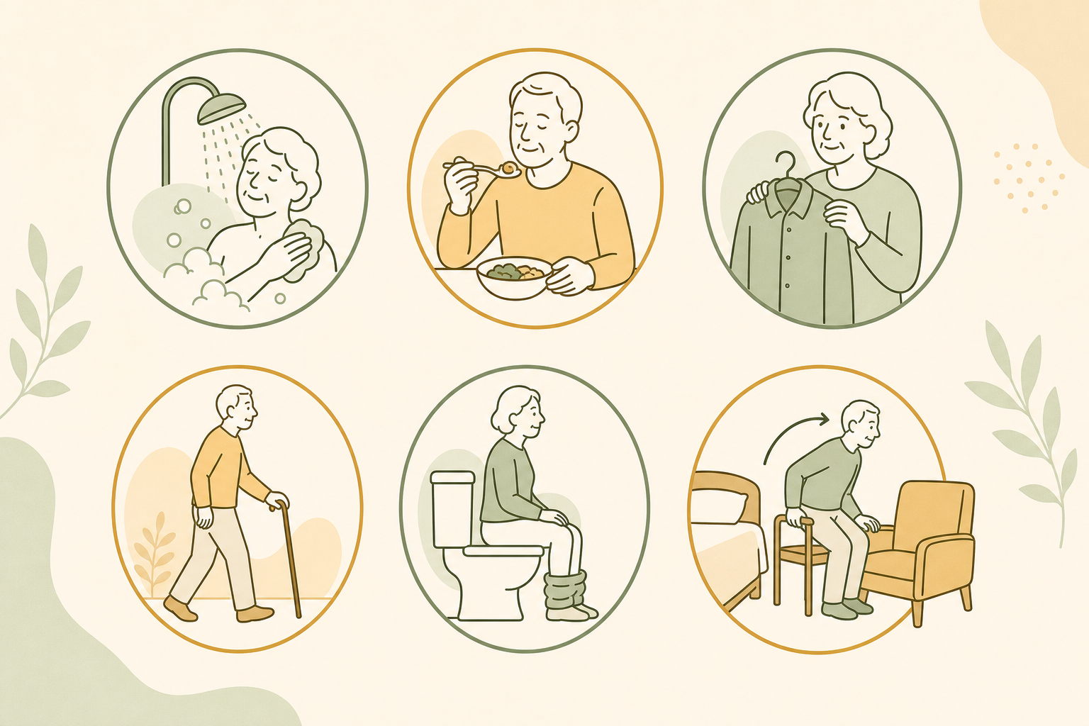 Six simple line icons arranged in a gentle arc representing Activities of Daily Living: bathing, eating, dressing, walking, toileting, and transferring.