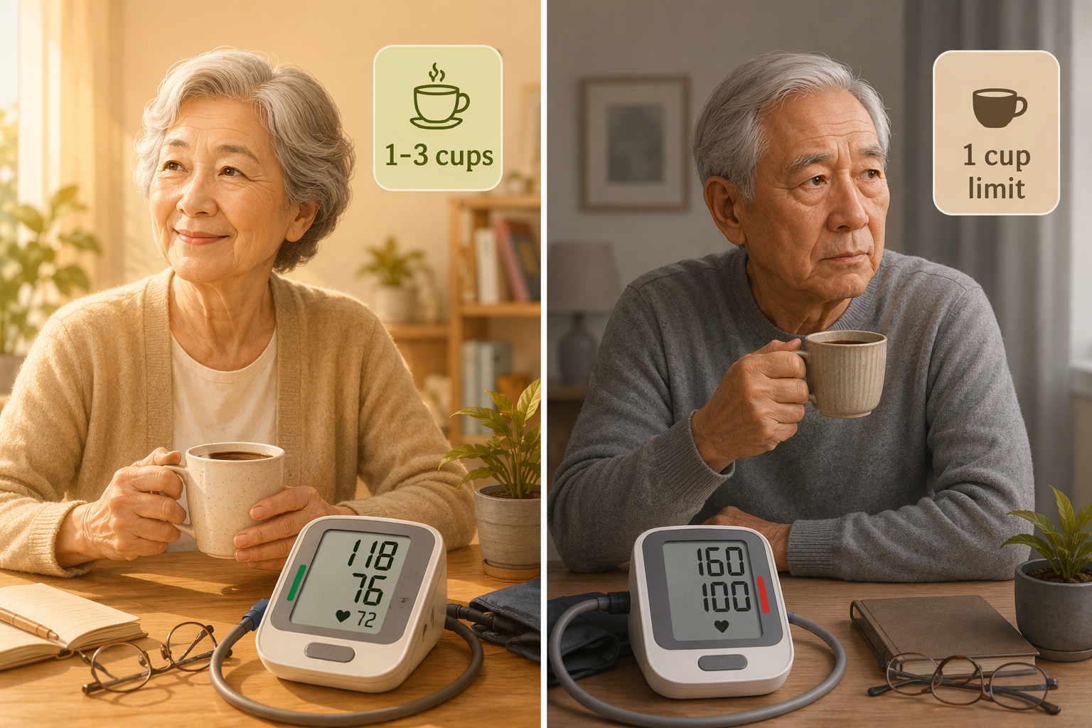 Side-by-side comparison of coffee limits for normal blood pressure and 160 over 100 blood pressure