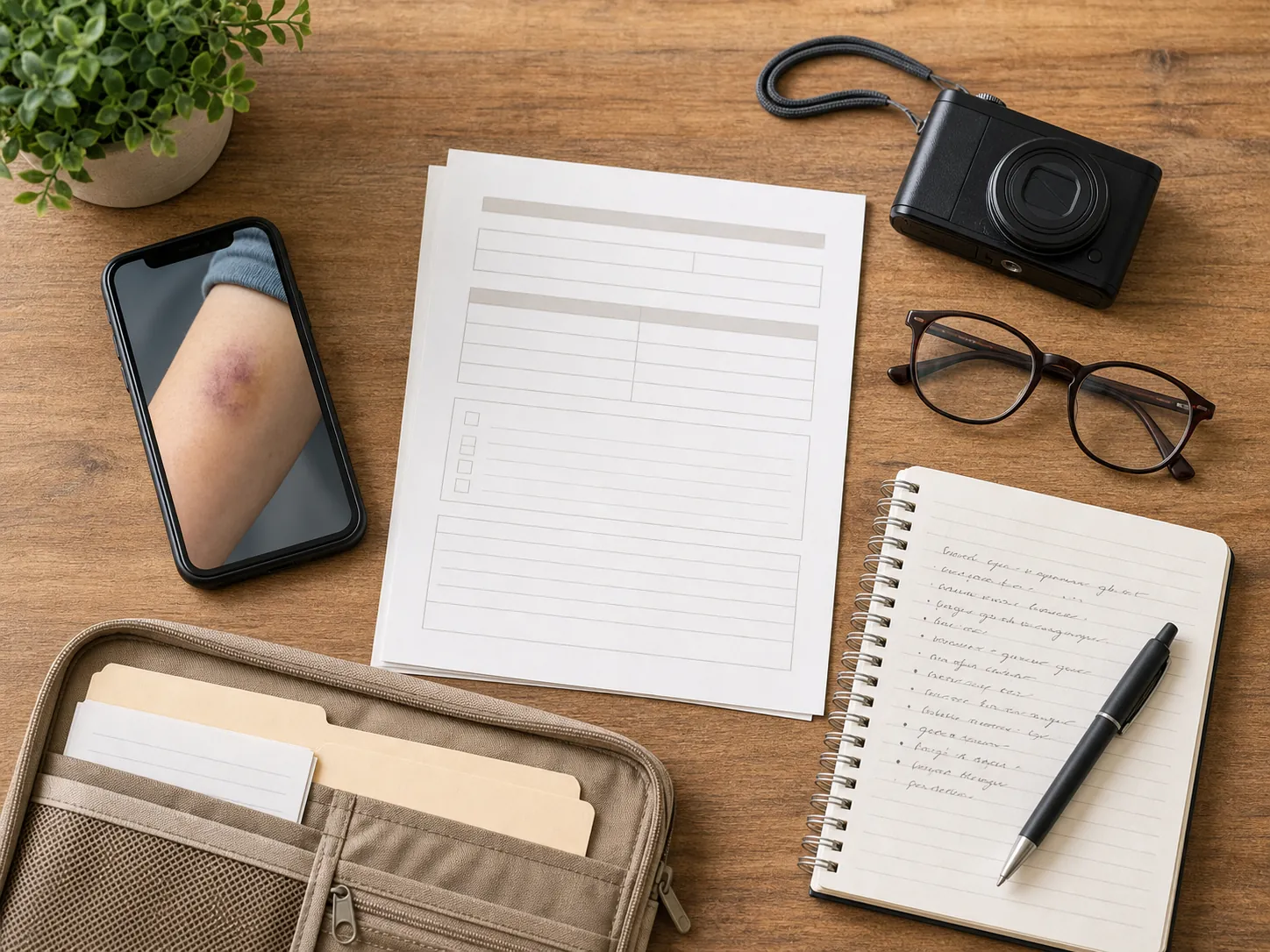 Caregiver documentation kit with phone photo of a bruise, incident report request form, notebook, pen, and reading glasses
