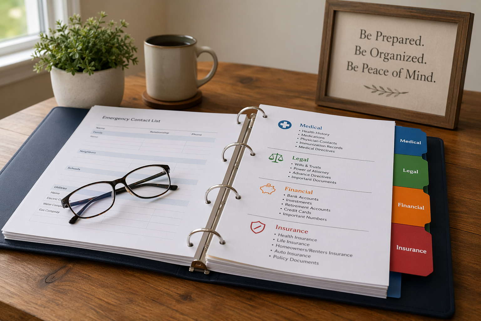 Open three-ring emergency binder with labeled tabs for medical, legal, financial, and insurance documents
