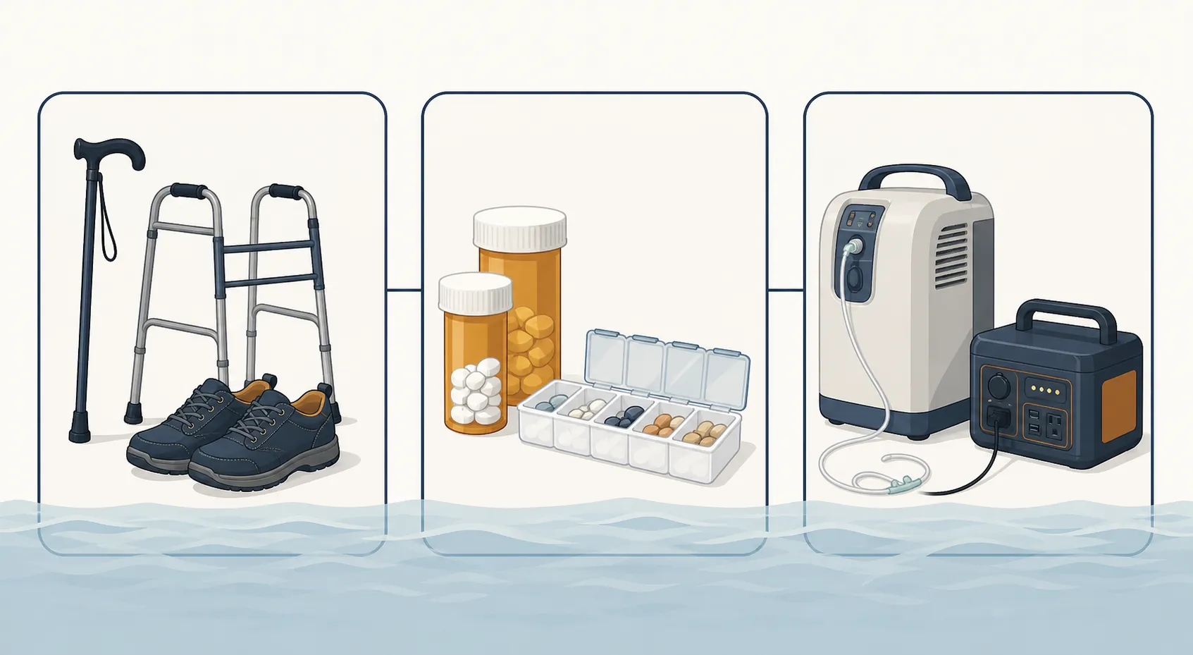 Editorial graphic showing senior flood risks: mobility aids, prescription medications, and a powered oxygen concentrator