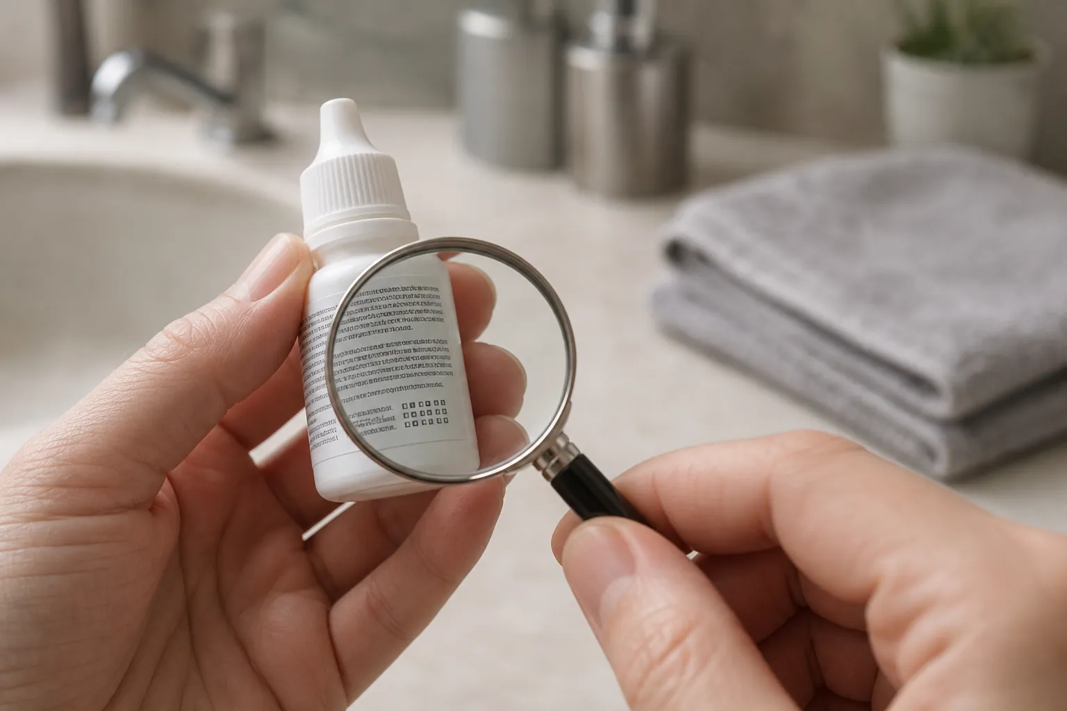 Magnifying glass over small print on an eye-drop bottle label