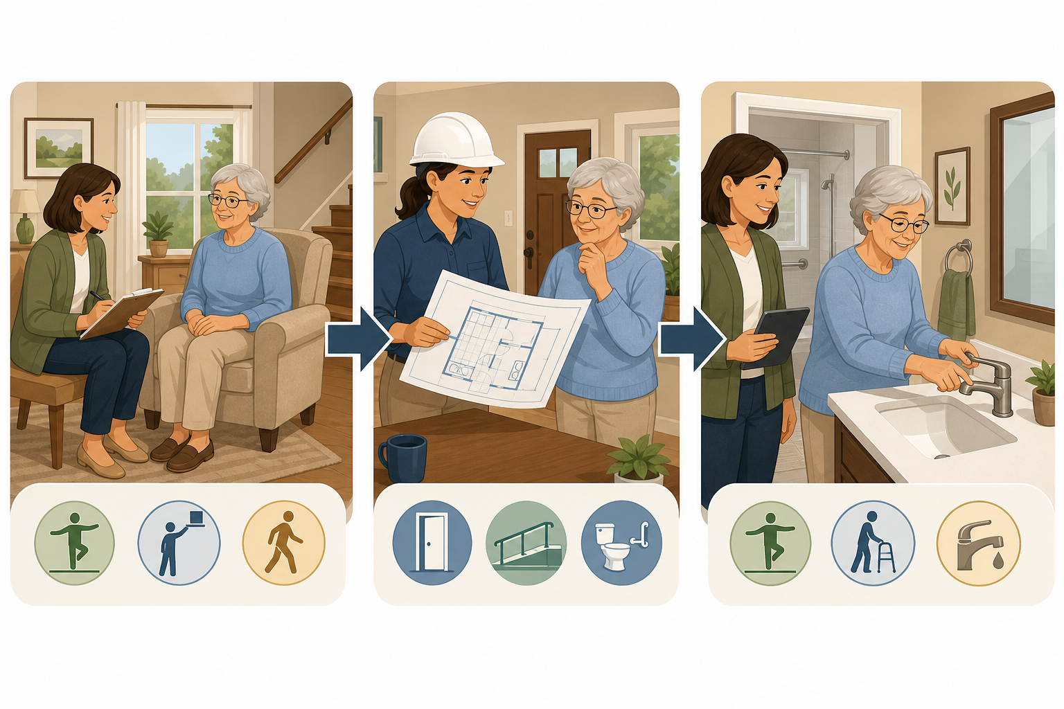 A three-panel editorial illustration showing an occupational therapist assessing an older adult's mobility at home, an arrow leading to a CAPS specialist with a hard hat and blueprint planning modifications, and an arrow leading to the OT returning for a follow-up as the older adult uses a lever-handle faucet.