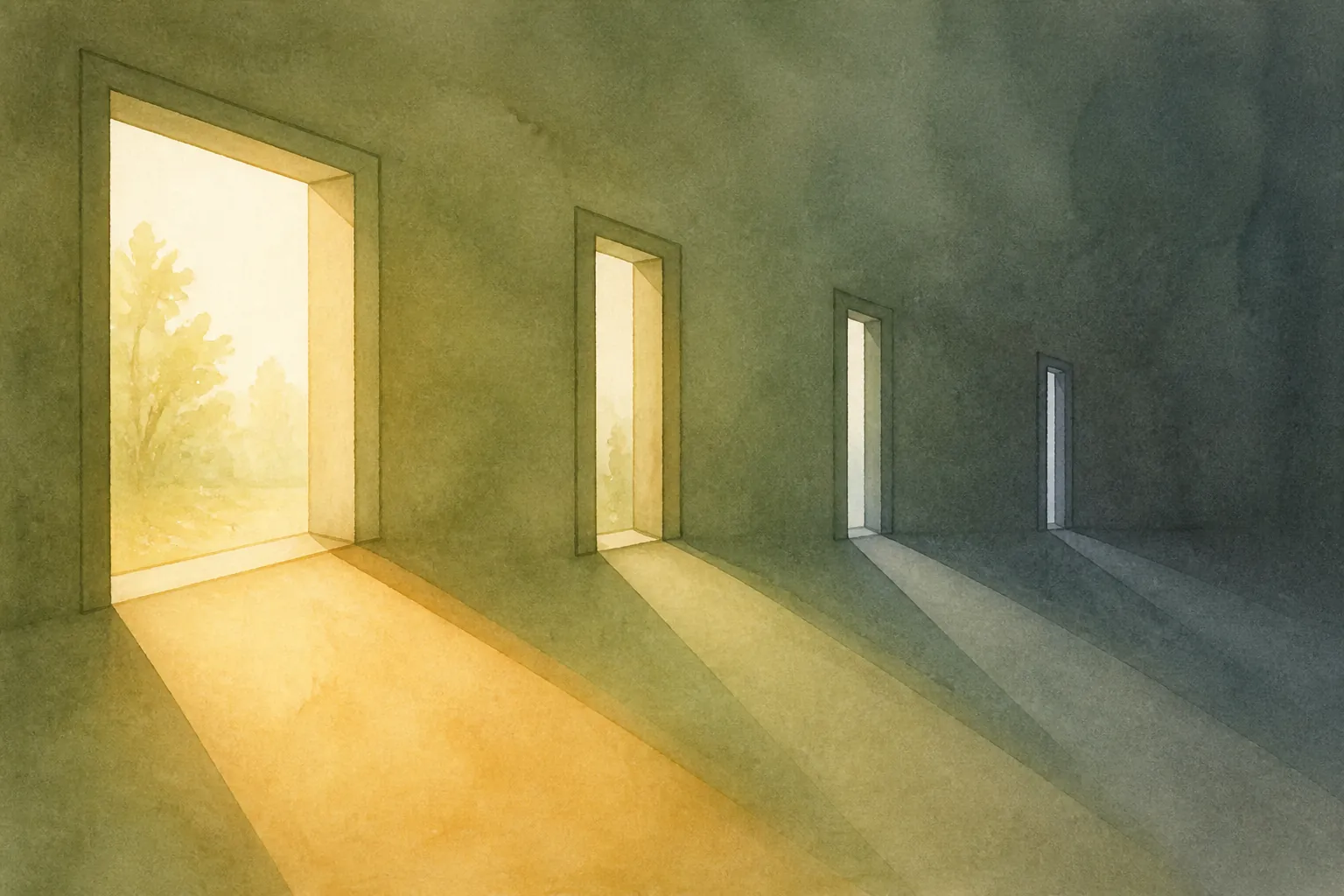 A narrowing window of warm light representing the shrinking opportunity for participation and planning as Alzheimer's progresses