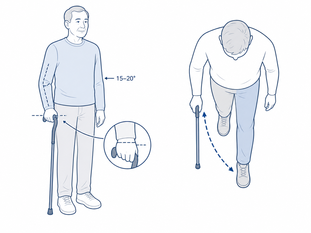 Two educational diagrams: left shows a standing figure with callout arrows indicating the cane top aligns with the wrist crease and the elbow is at a 15-20 degree bend; right shows a top-down walking figure with the cane in the opposite hand to the weak leg.