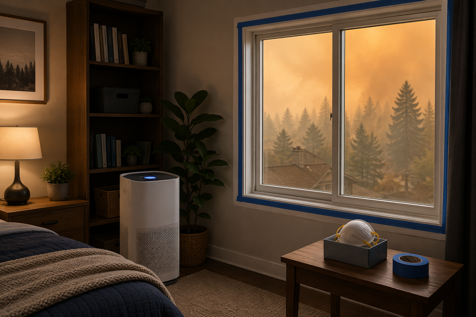 HEPA purifier running in a sealed bedroom with N95 masks ready on a table.