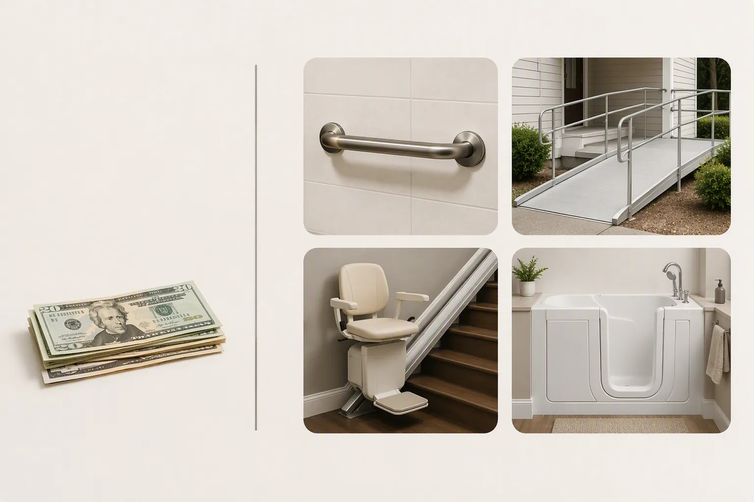Comparison of a small stack of money with icons for a grab bar, ramp, stairlift, and walk-in tub