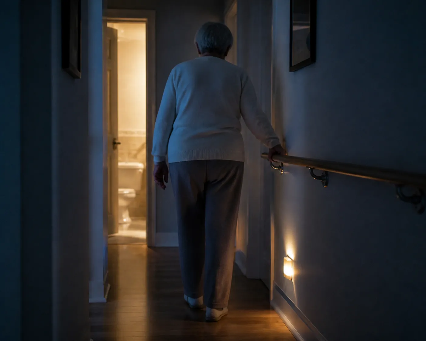 Nighttime hallway with a clear path, night light, and wall rail leading toward a bathroom