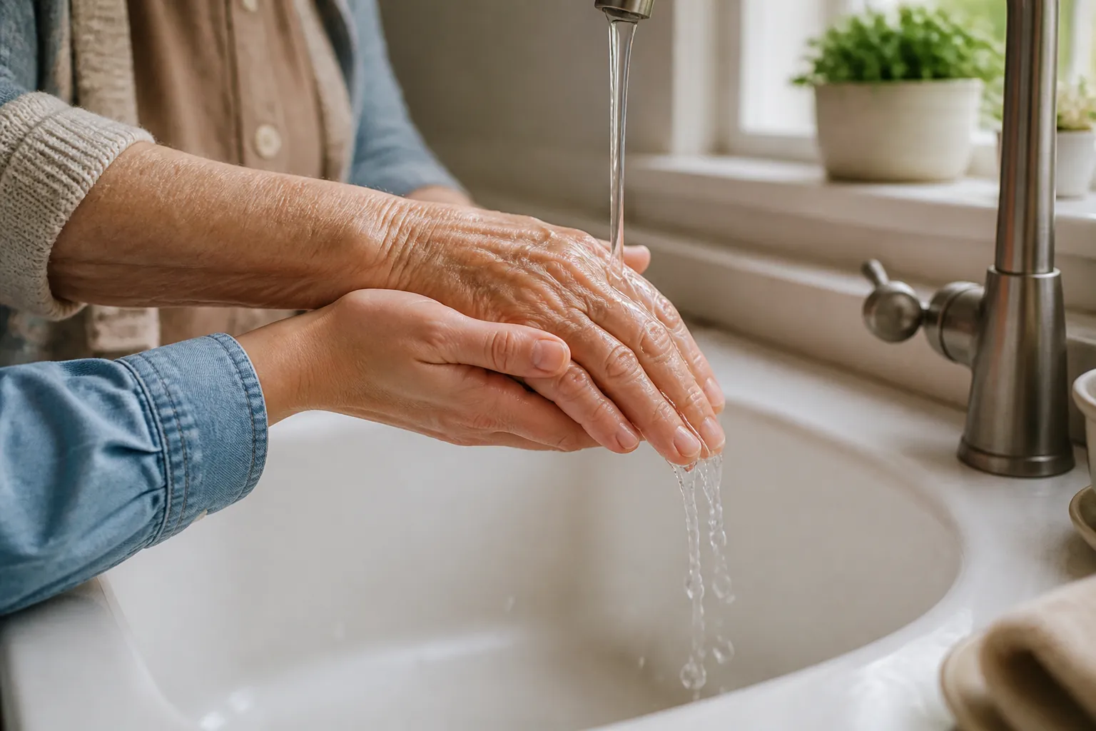 Caregiver supporting an elderly person’s hand under cool running water at a kitchen sink