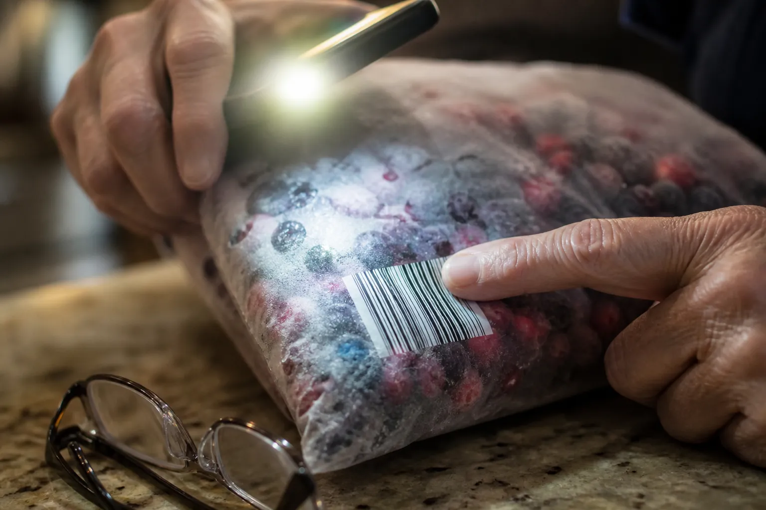Frosty frozen berry bag checked under a phone flashlight with a finger pointing at the UPC barcode