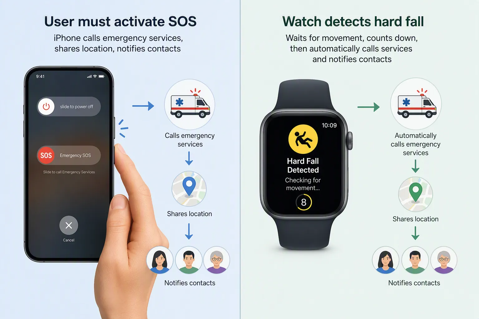 Split graphic comparing user-activated iPhone SOS with Apple Watch fall detection