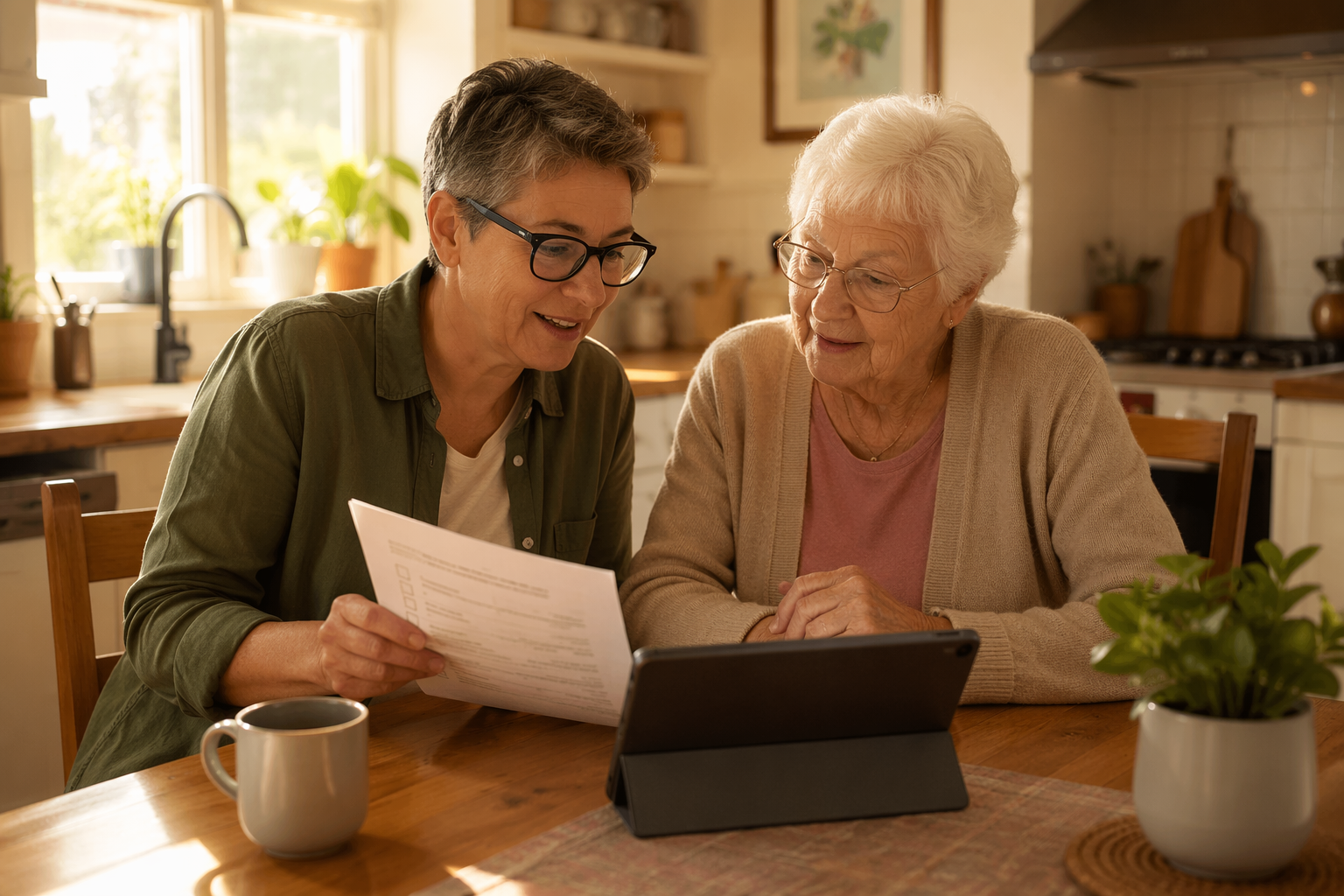 A middle-aged adult and an elderly parent sit together at a warm home kitchen table, looking at a paper checklist and a tablet. Golden sunlight streams through a window. A coffee mug and a small potted plant are on the table. The scene conveys calm partnership and collaboration.
