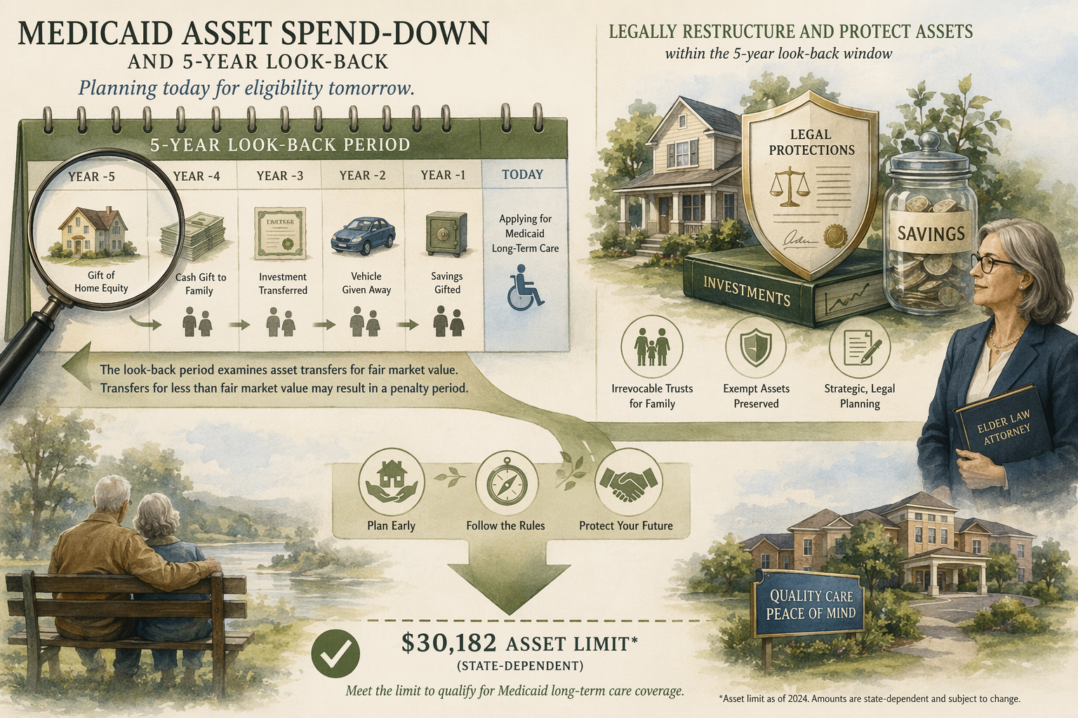 An editorial illustration showing the Medicaid asset spend-down and 5-year look-back concept: a calendar timeline with a magnifying glass scanning backward over asset transfers, home and savings icons being shielded behind a legal document icon, and a target line marked '$30,182 asset limit' with a downward arrow showing assets reducing toward eligibility