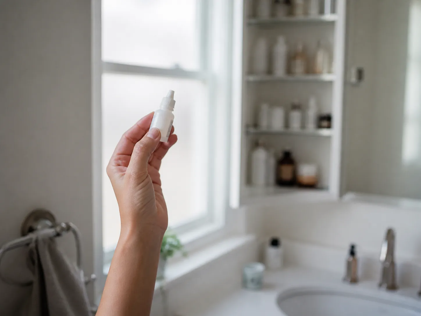Caregiver holding an eye-drop bottle toward window light to read the label