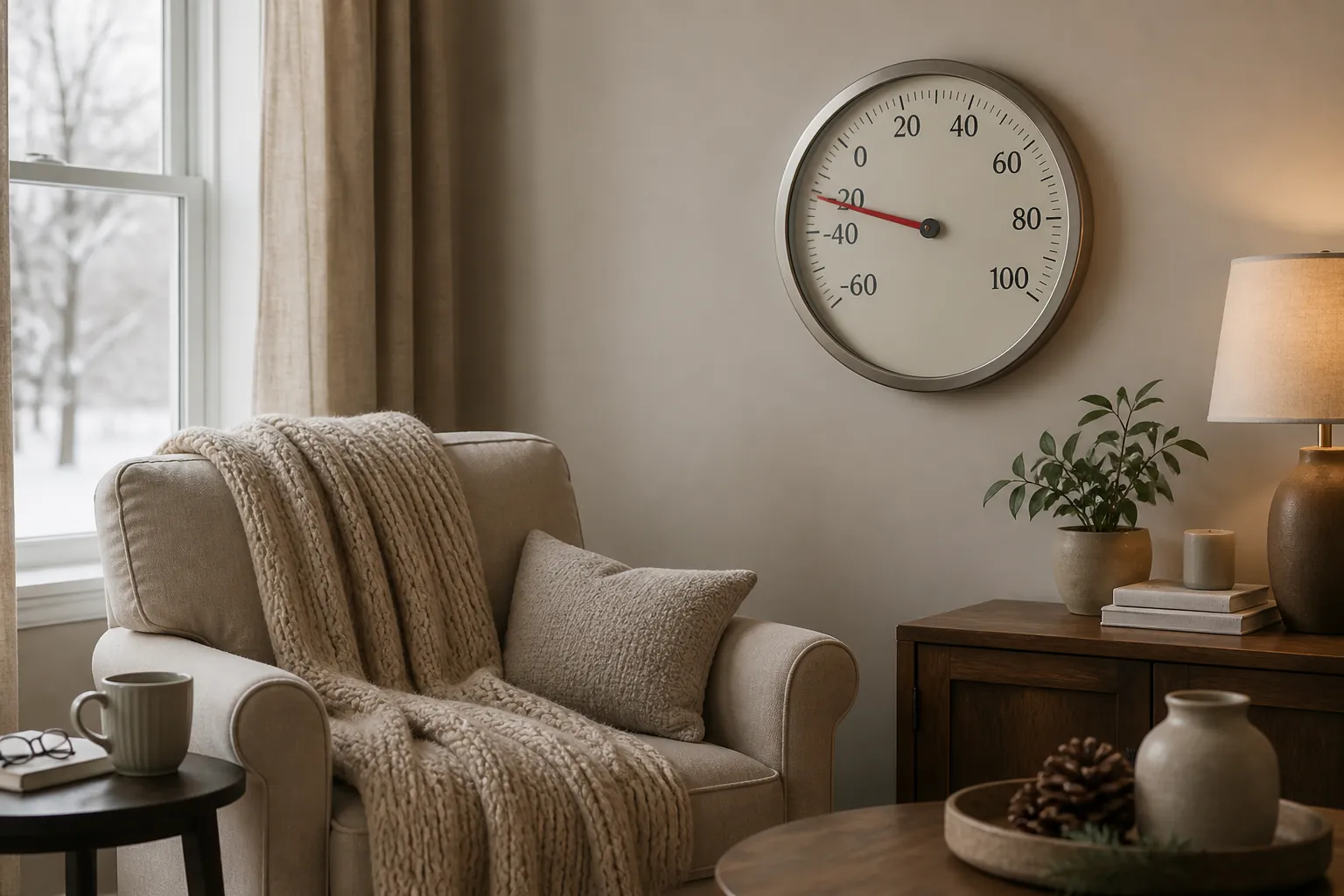 Warm living room with an indoor thermometer showing that a comfortable-looking room can still be too cold
