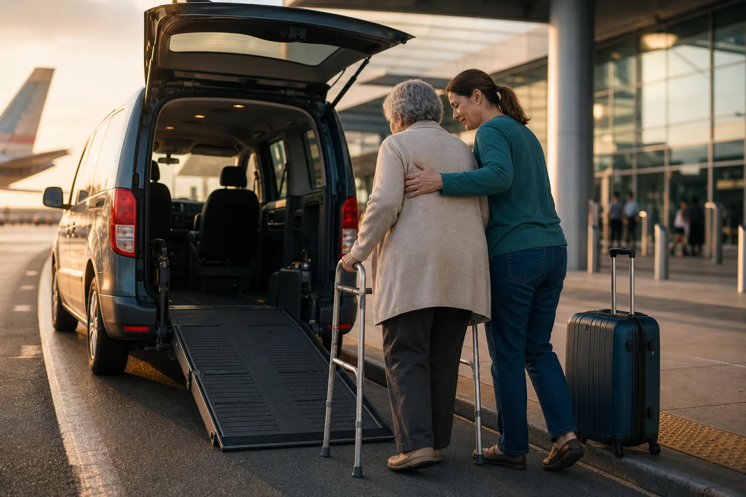 Older adult with a walker being helped into a wheelchair-accessible van at an airport curb
