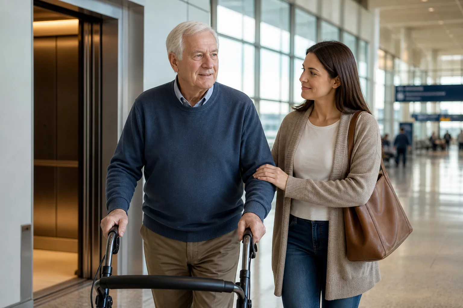 Older man using a wheeled walker with his adult daughter beside him in a bright airport terminal
